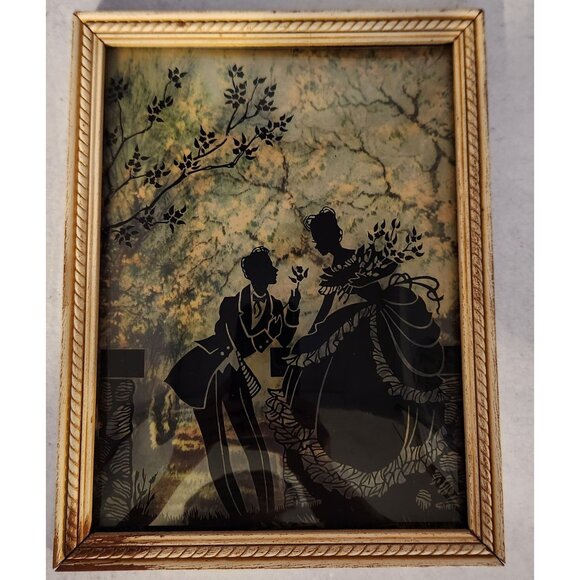 Vintage Silhouette Courting Couple Art Reverse Painted Convex Glass Princesscore - Picture 6 of 8